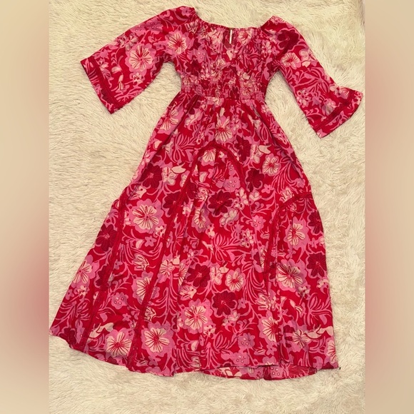 NEW FREE PEOPLE Printed Smocked Waist floral print Maxi Ruby combo Dress sz S - Picture 5 of 8